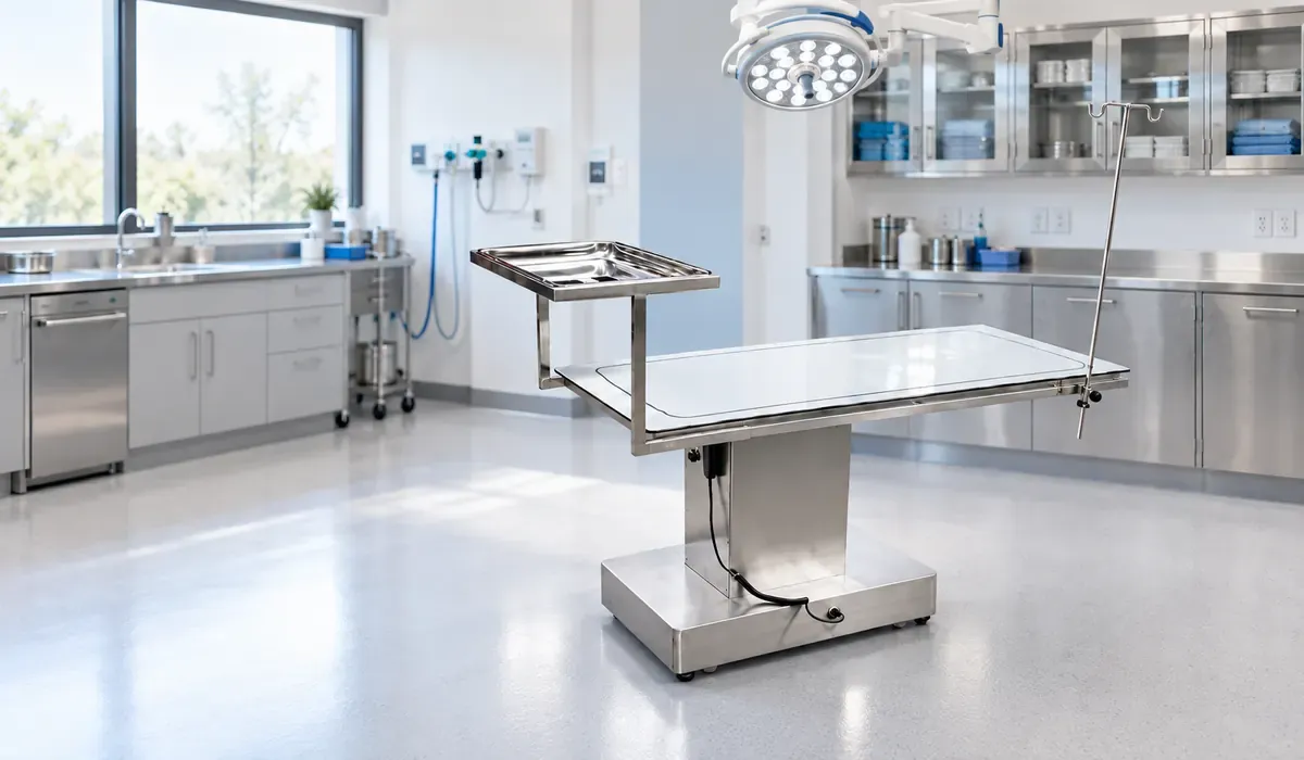 VTSOT-004 stainless-steel veterinary operating and treatment table in an illustrative AI-generated veterinary prep-room setting.