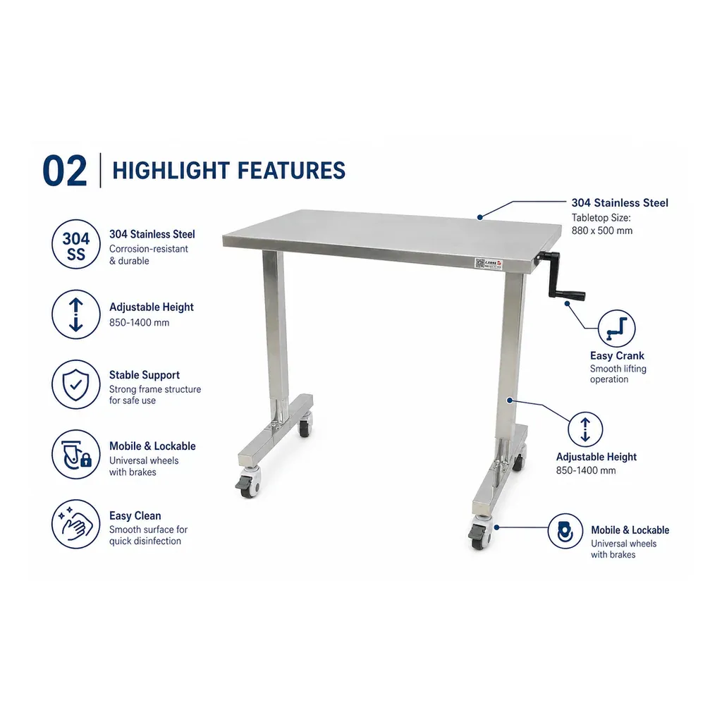 VTSCZ-08 adjustable stainless steel veterinary table with hand crank and lockable wheels