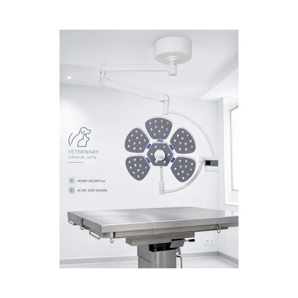 VTS-700-F LED veterinary operating light installed above a stainless steel operating table