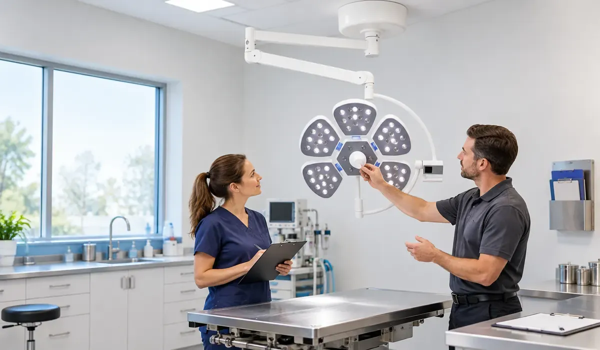VTS-700-F veterinary surgical light in an illustrative AI-generated clinic staff handover setting.