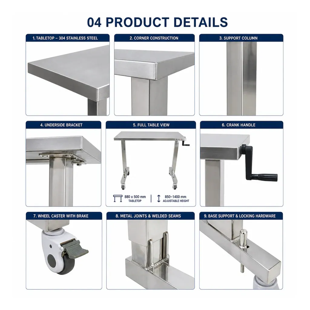 VTSCZ-08 veterinary table details including tabletop, crank handle, support frame and brake casters