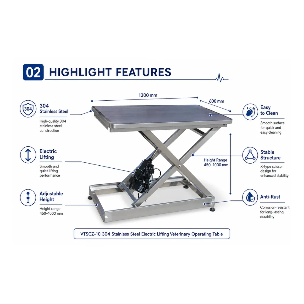 VTSCZ-10 electric lifting table dimensions, stainless steel construction and height range
