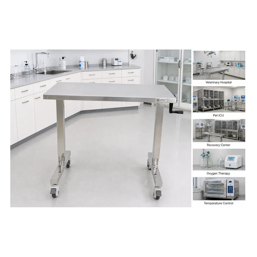 VTSCZ-08 stainless steel veterinary table shown in a veterinary clinical workspace