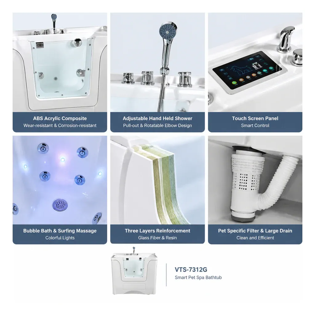 VTS-7312G pet spa bathtub components including touch screen, shower, massage jets and filter