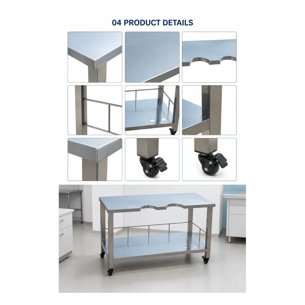 VTSCZ-17 ultrasound table details including rounded edges, lower shelf and lockable caster wheels