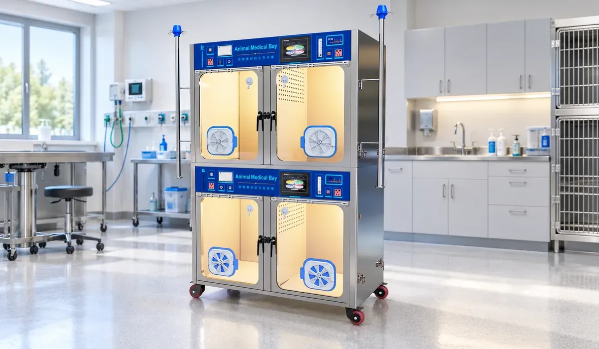 VTSICU-04 four-chamber veterinary ICU cage shown in a bright veterinary recovery-room setting.