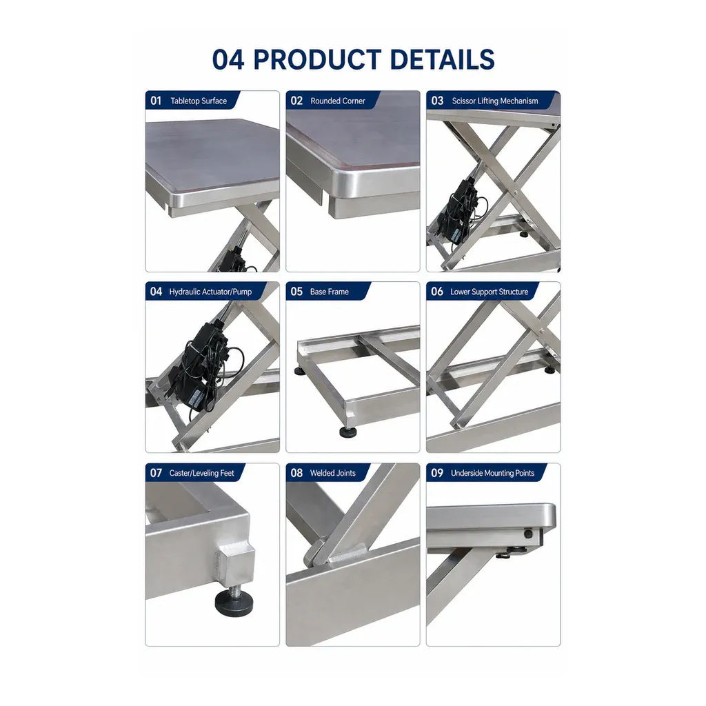 VTSCZ-10 veterinary table details including rounded tabletop and scissor lifting mechanism
