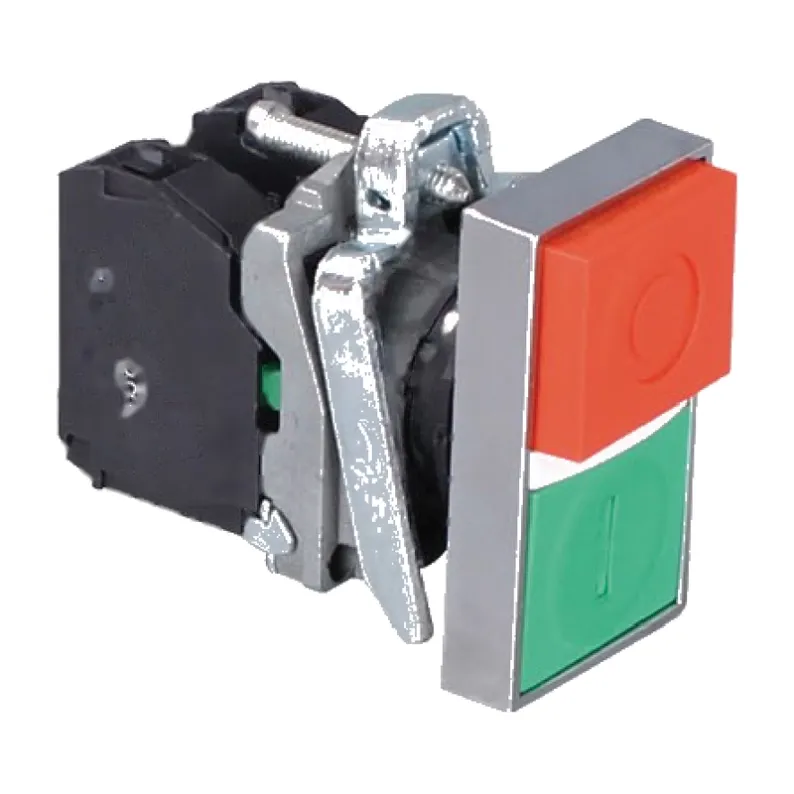 22 mm double head push button switch with red and green caps, 1 NO plus 1 NC contacts