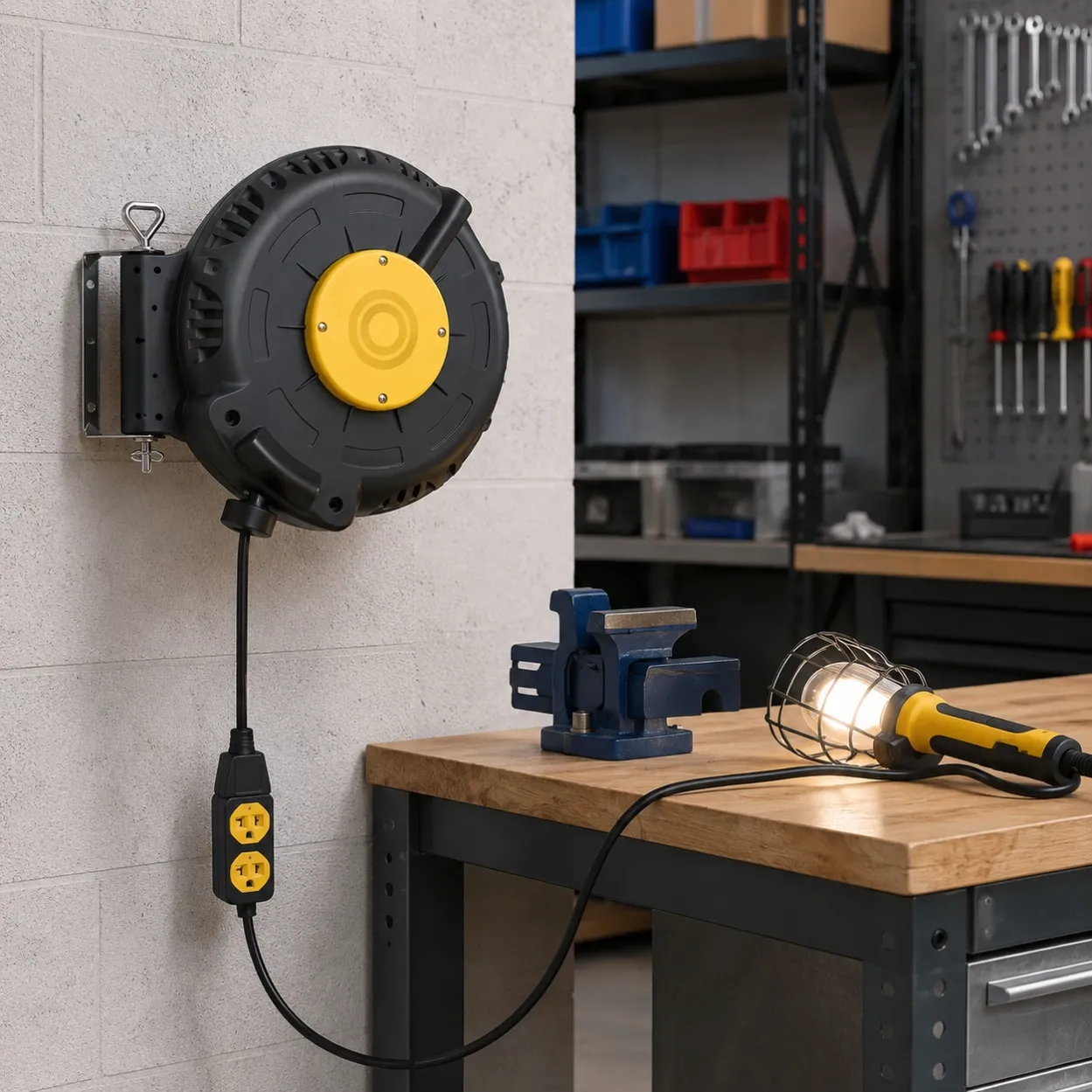 Auto-retractable extension cord reels case in workshop