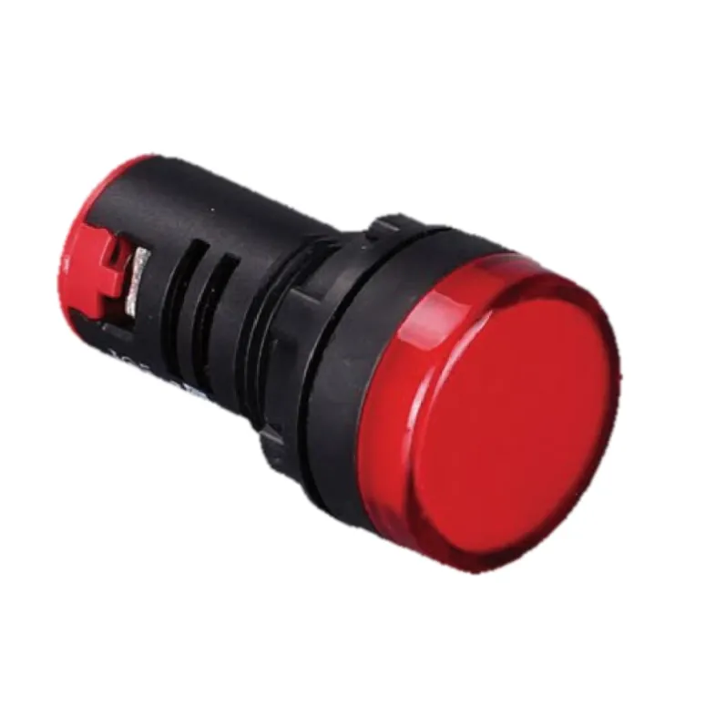 22 mm LED indicator light with red domed lens and 30 mm black bezel