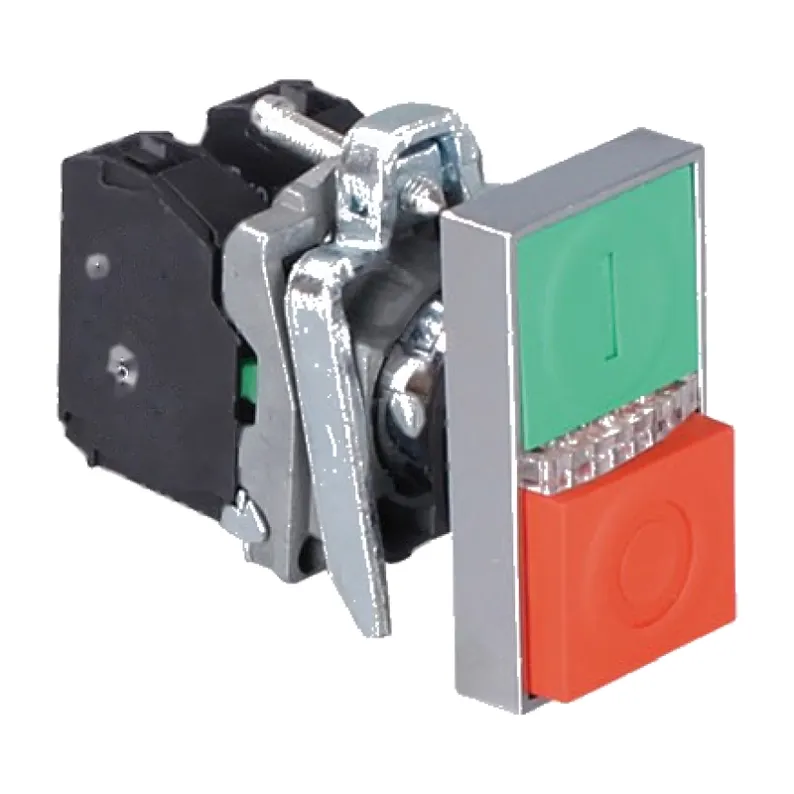 22 mm illuminated double head push button switch with red and green lit caps, 1 NO plus 1 NC