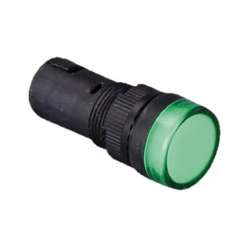 16 mm panel mount indicator lamp with domed green lens and black plastic body