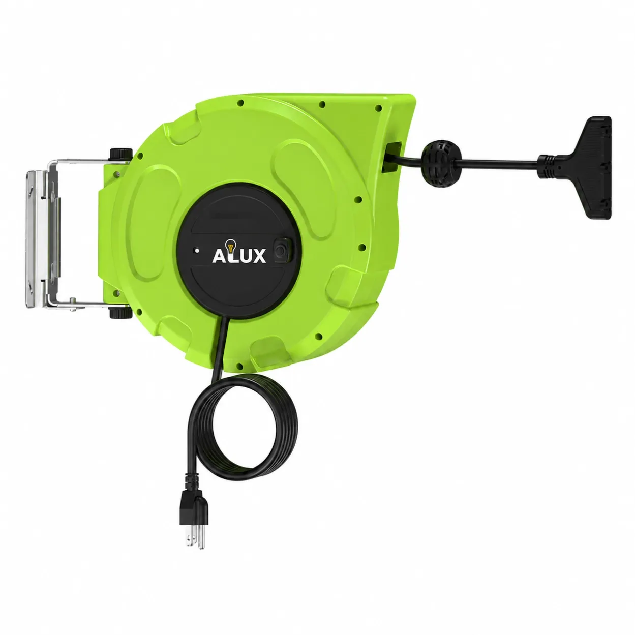 50FT Retractable Extension Cord Reel Hi-Vis Green Housing, 16AWG SJTOW Heavy Duty Cable Reel with Black T-Shape 3 Outlets