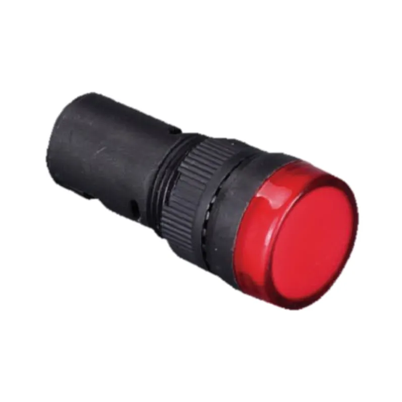 16 mm LED indicator light with domed red lens and 18 mm black plastic bezel