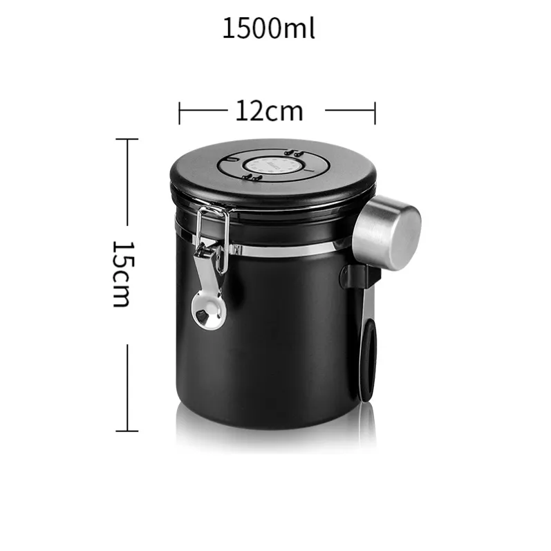 Black 1500ml SS304 coffee storage container with built‑in scoop