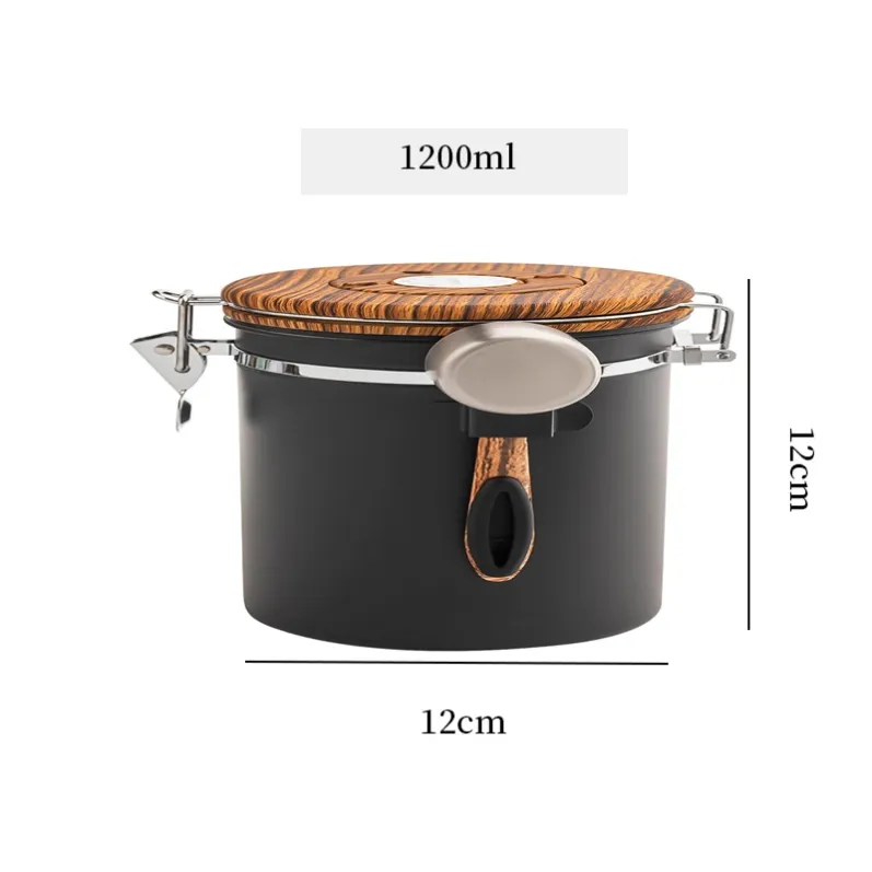 1200ml SS304 coffee bean canister wood grain lid with scoop studio shot