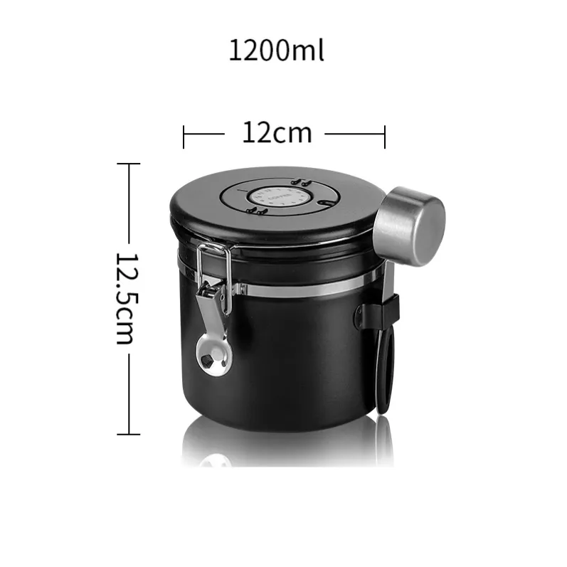 Black 1200ml coffee bean canister with scoop size marking image