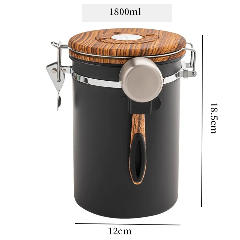 1800ml stainless steel coffee jar wood grain lid dimension display