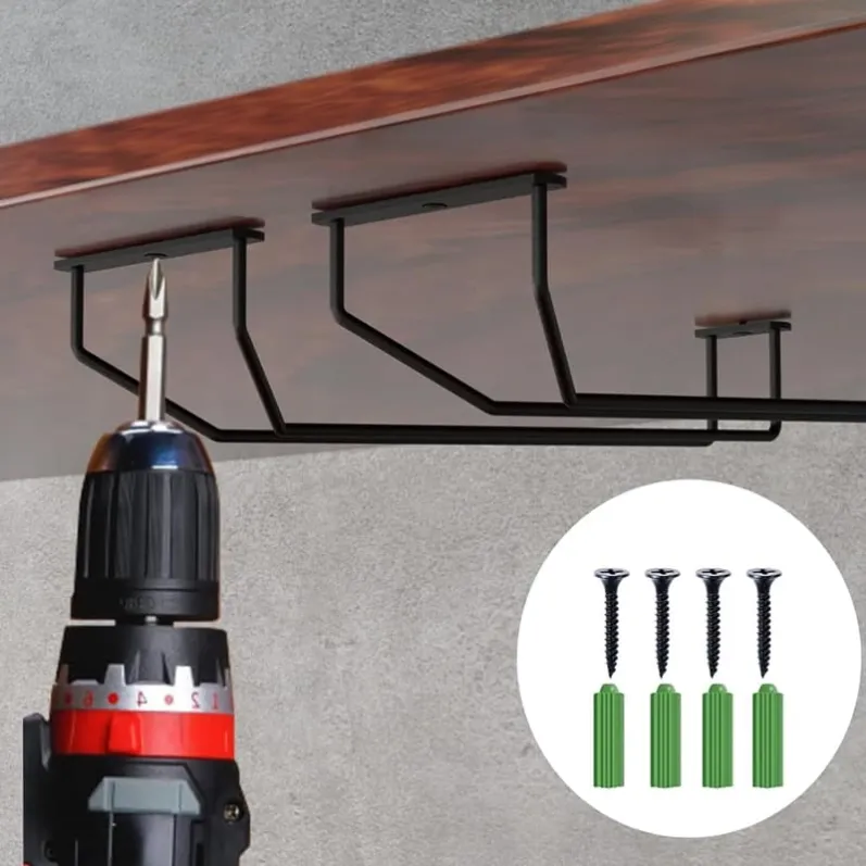 Black metal hanging wine glass rack for home decor