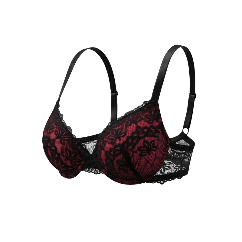 Underwire bra with lace cups in black and red