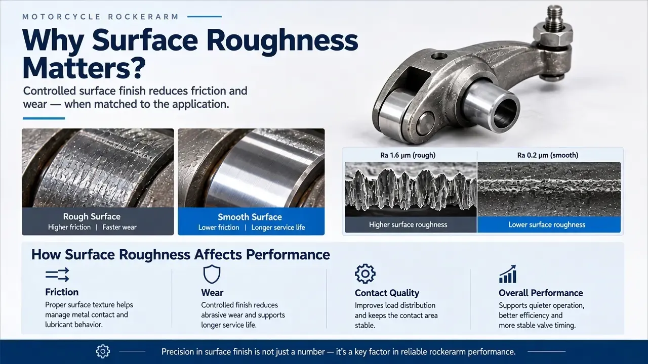 Motorcycle rocker arm surface roughness and contact finishing comparison