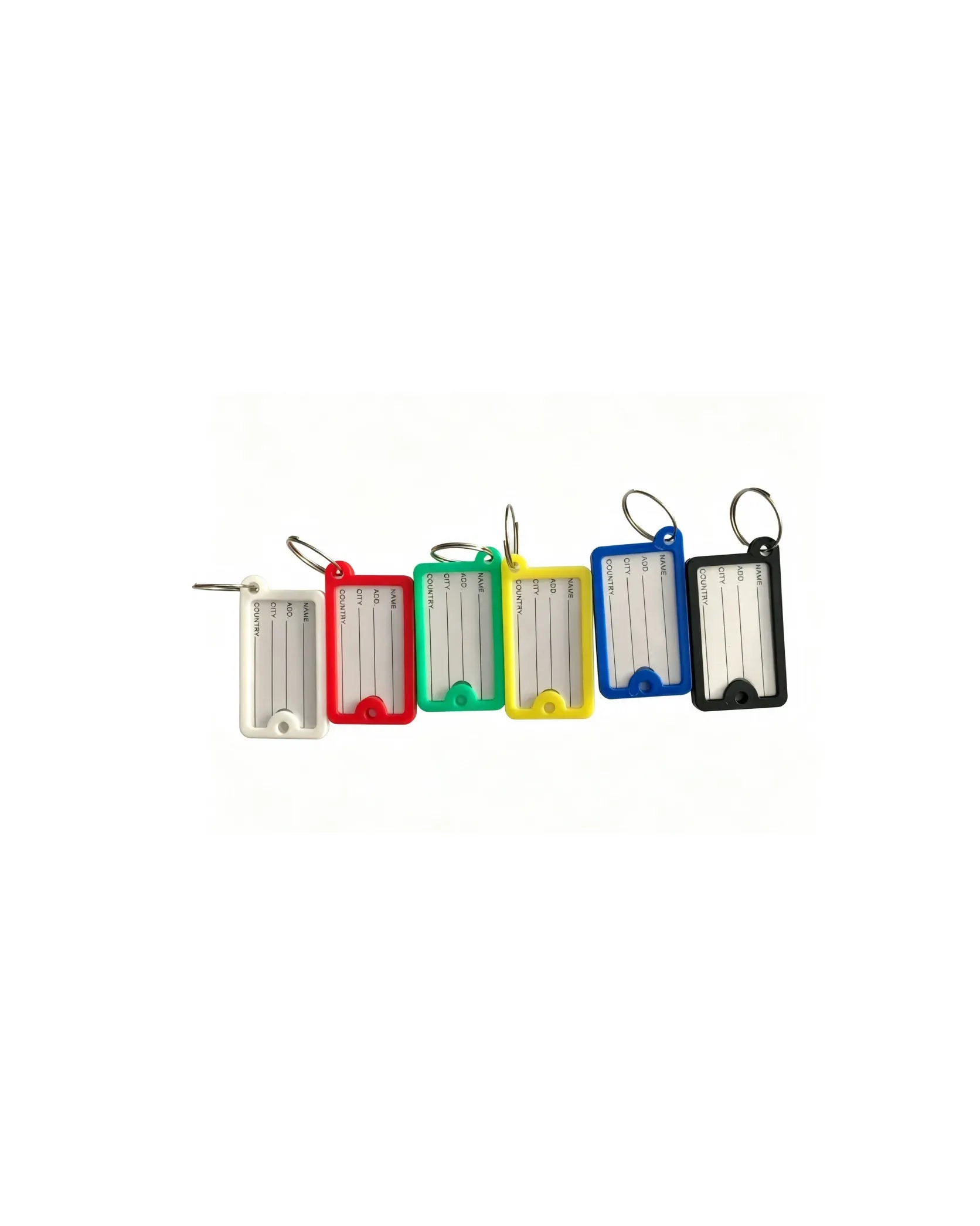 PP key tags with clear ID windows over printed name and address lines, assorted colors