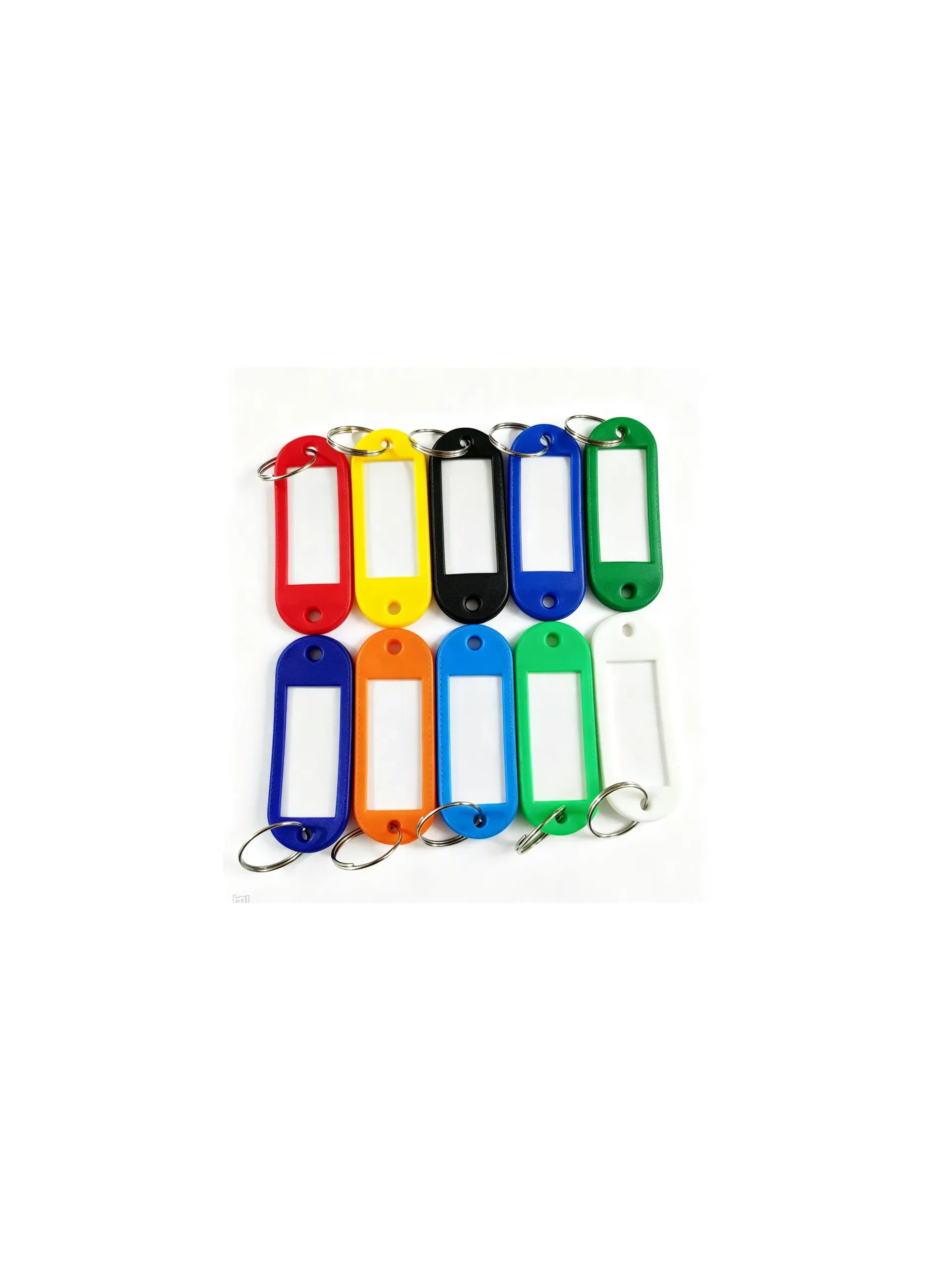 Ten PE plastic key tags with clear label windows in assorted colors