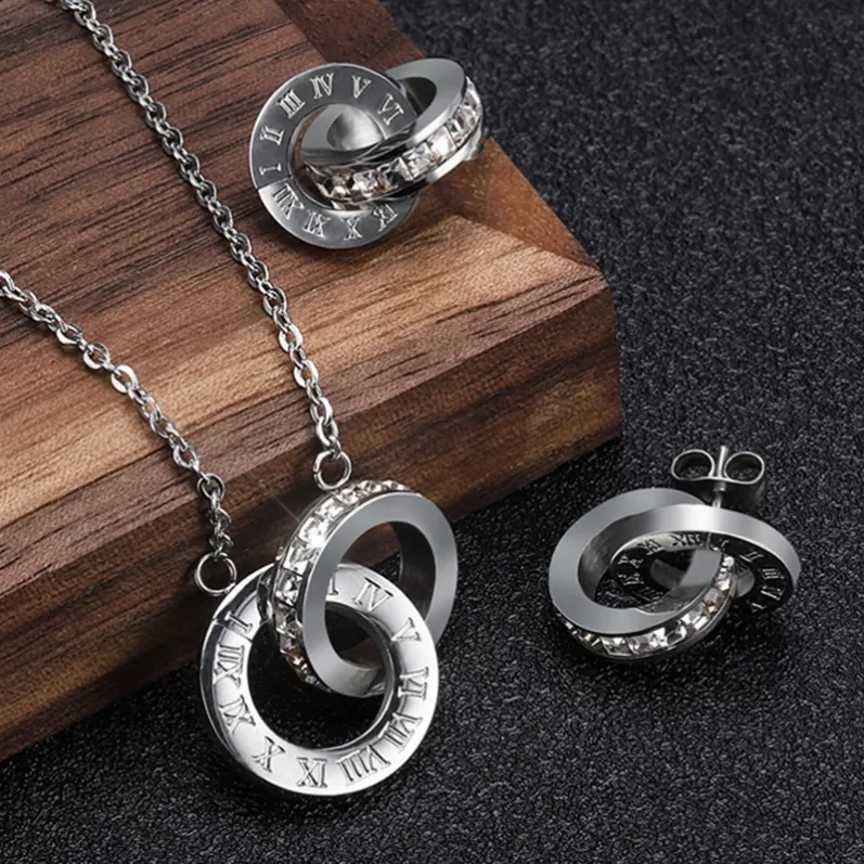 roman-numeral-double-circle-stainless-steel-jewelry-set-silver-wholesale