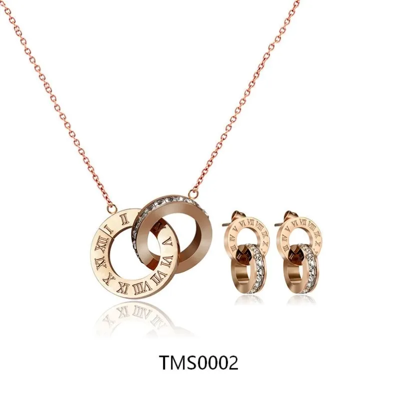 TMS0002-rose-gold-roman-numeral-double-circle-jewelry-set-wholesale