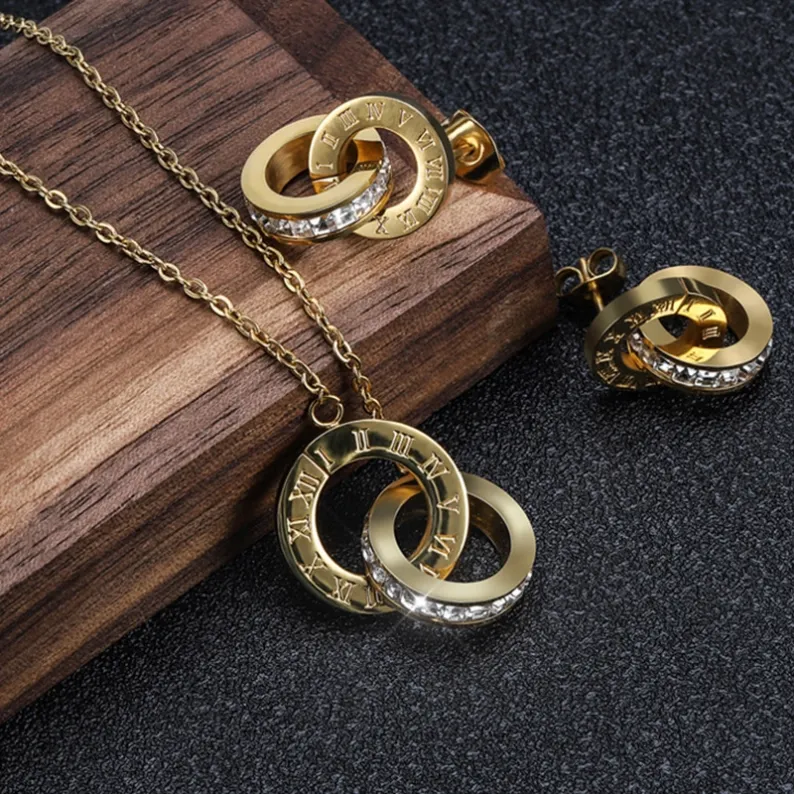 roman-numeral-double-circle-stainless-steel-jewelry-set-gold-wholesale