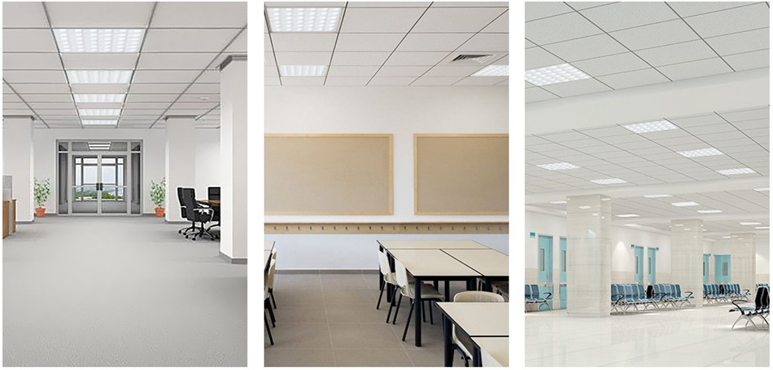LED panel lights installed in office, classroom and hospital interiors