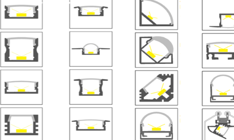 Slim LED linear profile family cross sections, 20mm to over 100mm widths