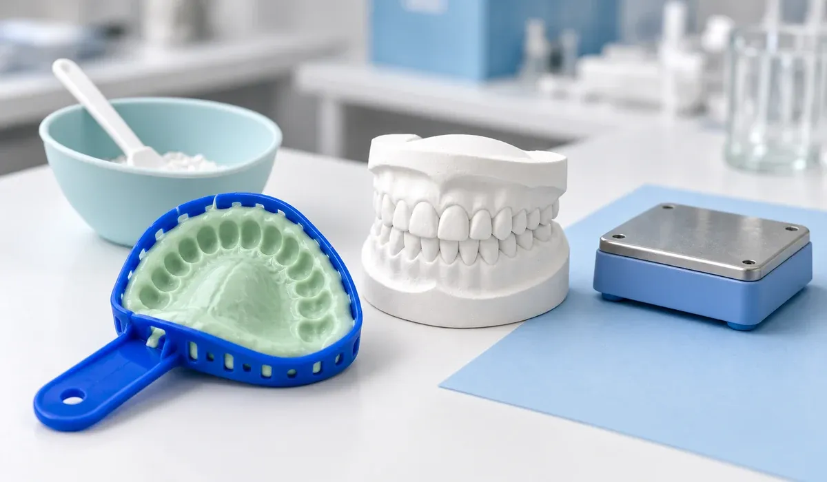 Blue plastic upper-arch tray with a mint-green alginate negative impression beside a white plaster dental model