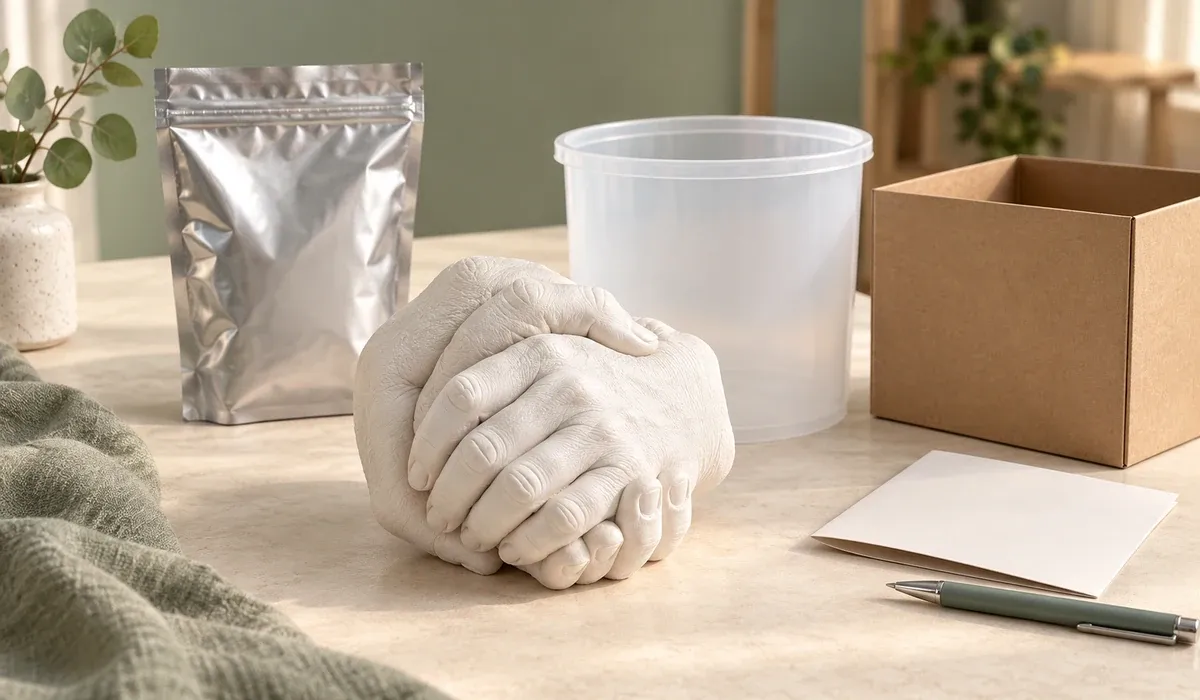 Clasped-hand plaster cast beside a sealed pouch, casting container, empty carton and instruction card