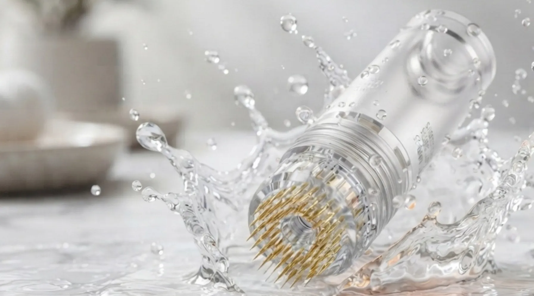 BegoSkin 24K gold micro-infusion hydra stamp splashing in pure water on a clean background