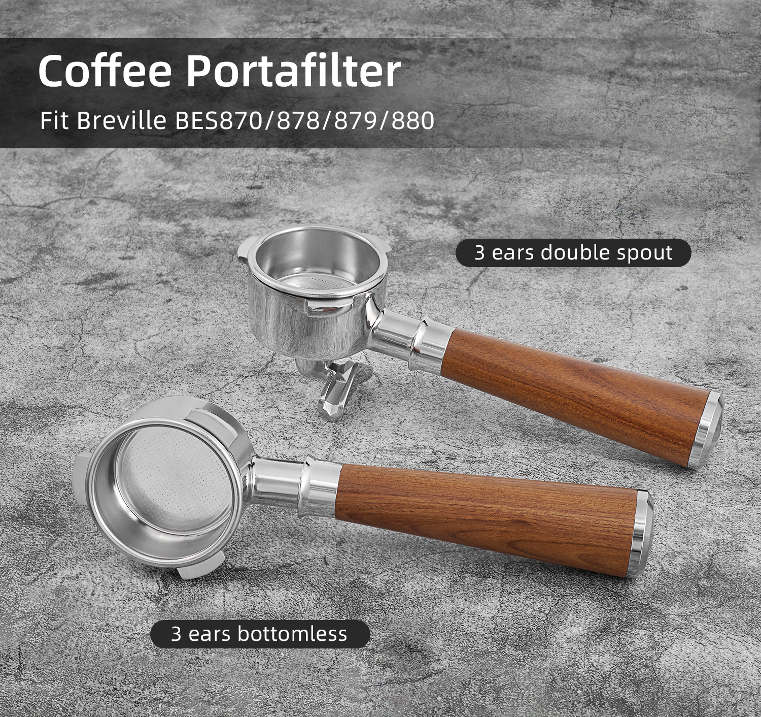 54 mm Portafilter for Breville 8-Series, Bottomless or Dual Spout shown with its portafilter head