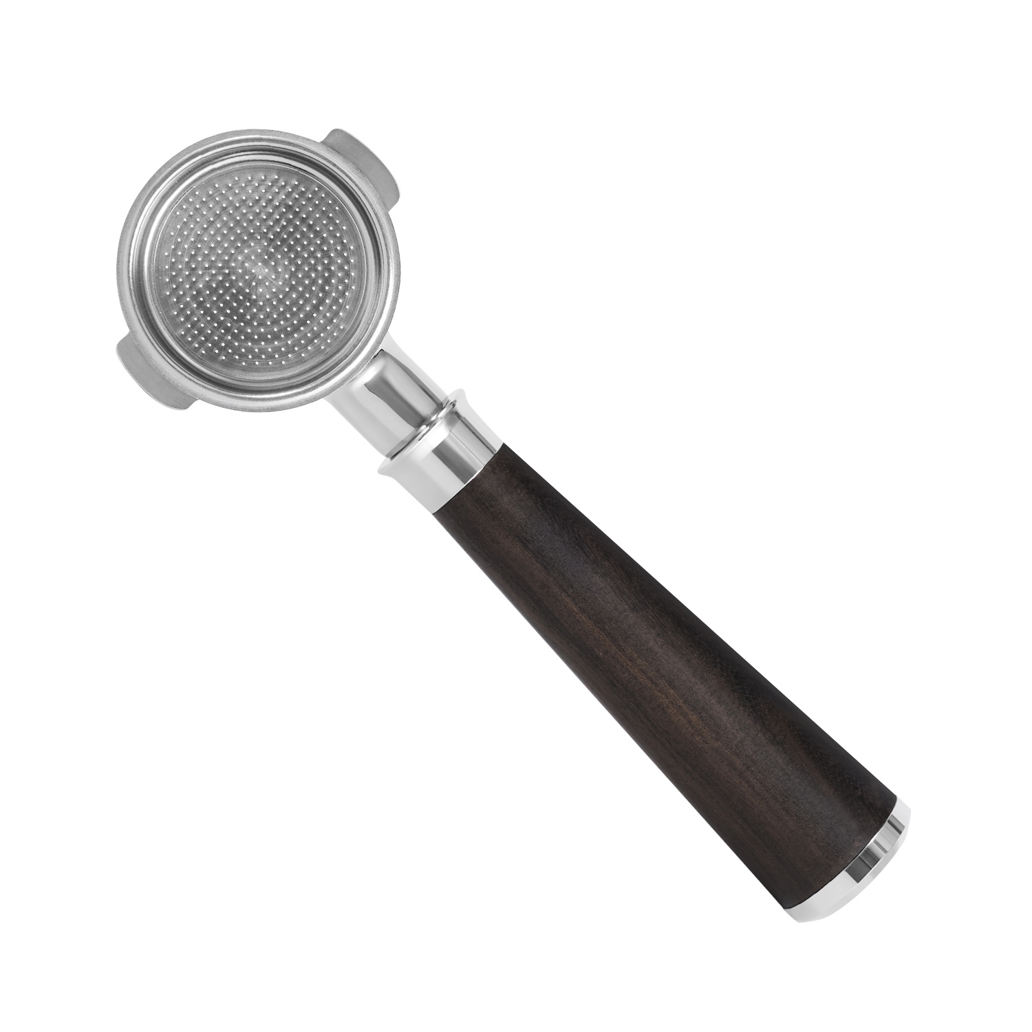 Two-lug portafilter with dark handle on a white background