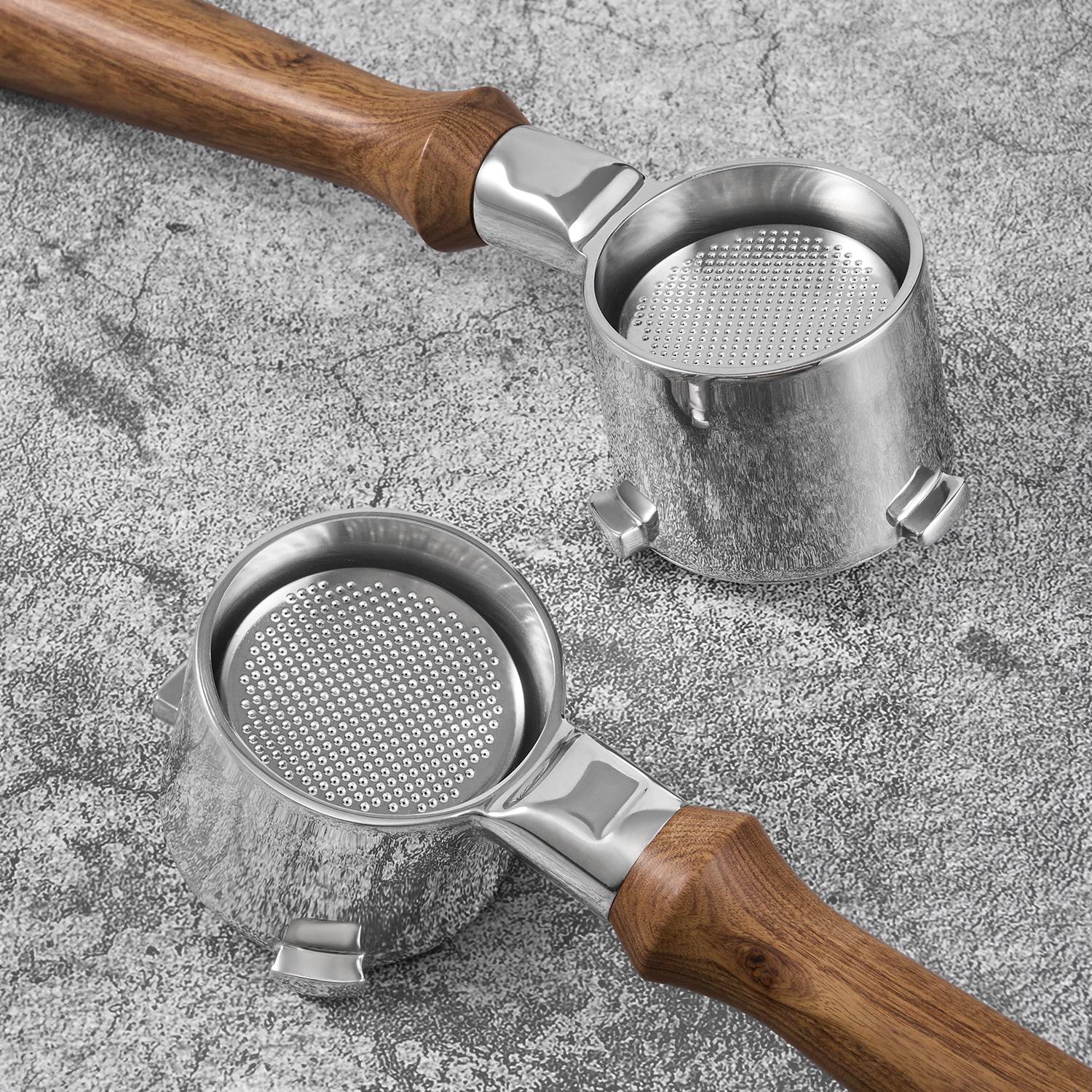 Three-lug portafilter heads viewed from two angles