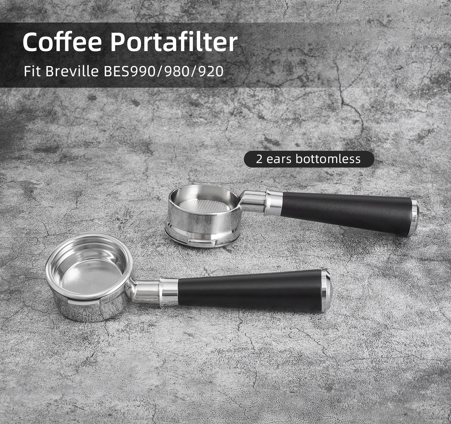 58 mm Bottomless Portafilter for Breville 9-Series shown with its portafilter head