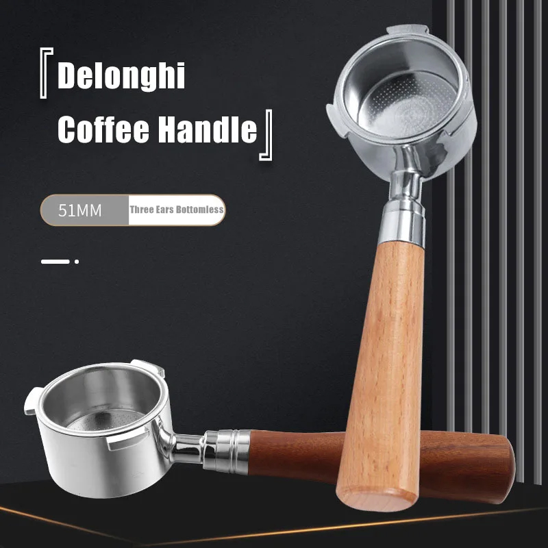 51 mm Three-Lug Bottomless Portafilter for DeLonghi shown with its portafilter head