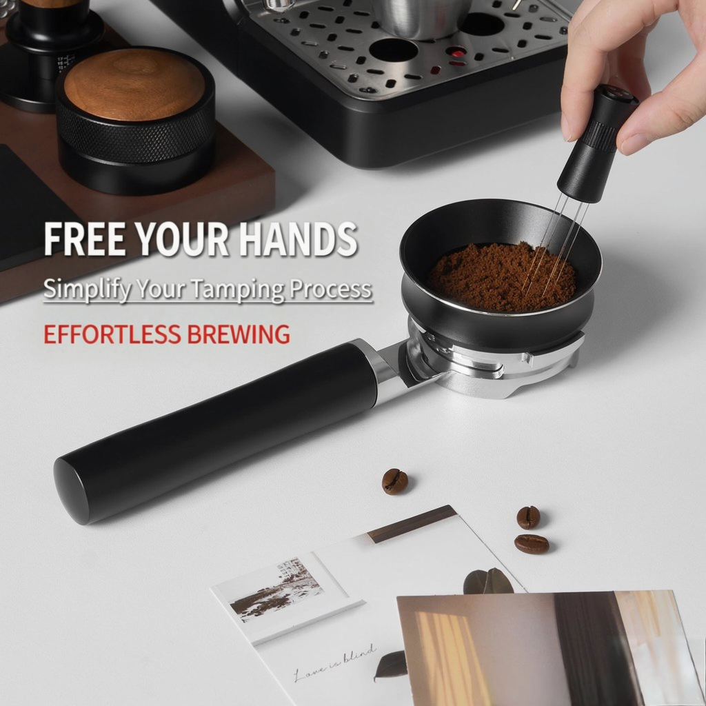 Round-handle CNC lay-flat portafilter used during coffee preparation