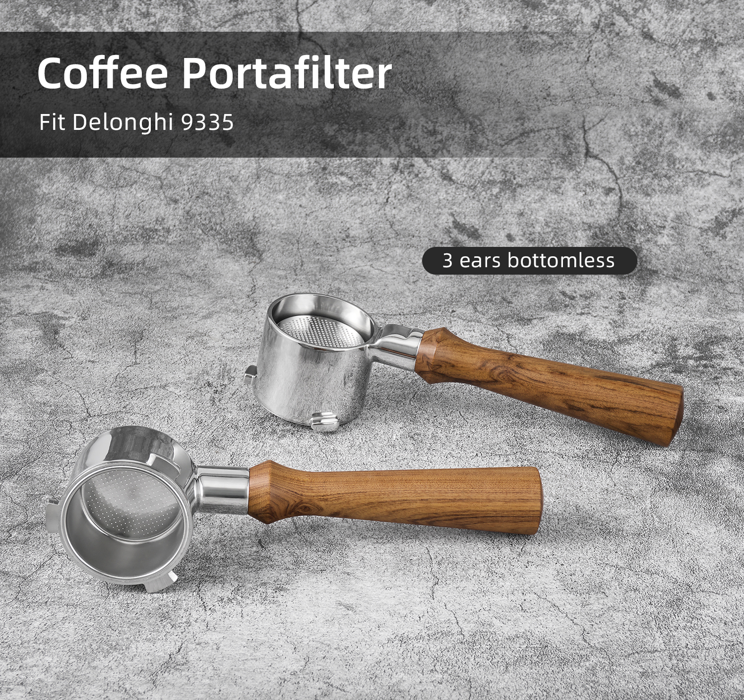 Three-Lug Bottomless Portafilter for DeLonghi 9335 shown with its portafilter head