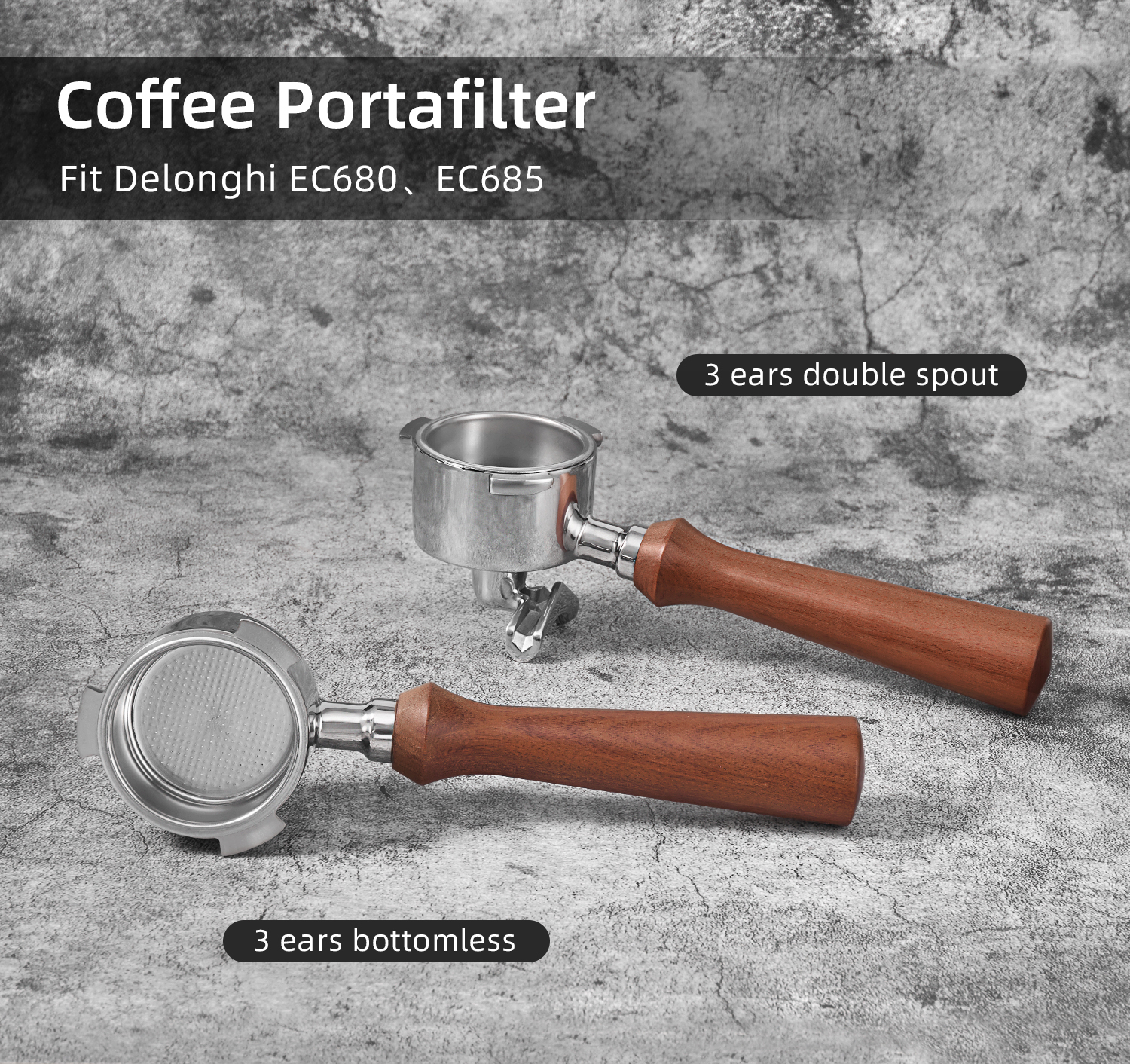 51 mm Three-Lug Portafilter for DeLonghi, Bottomless or Dual Spout shown with its portafilter head