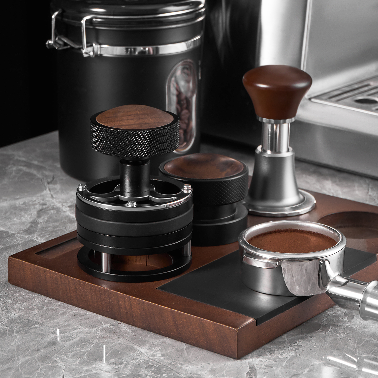 WDT tool and tampers on a preparation tray