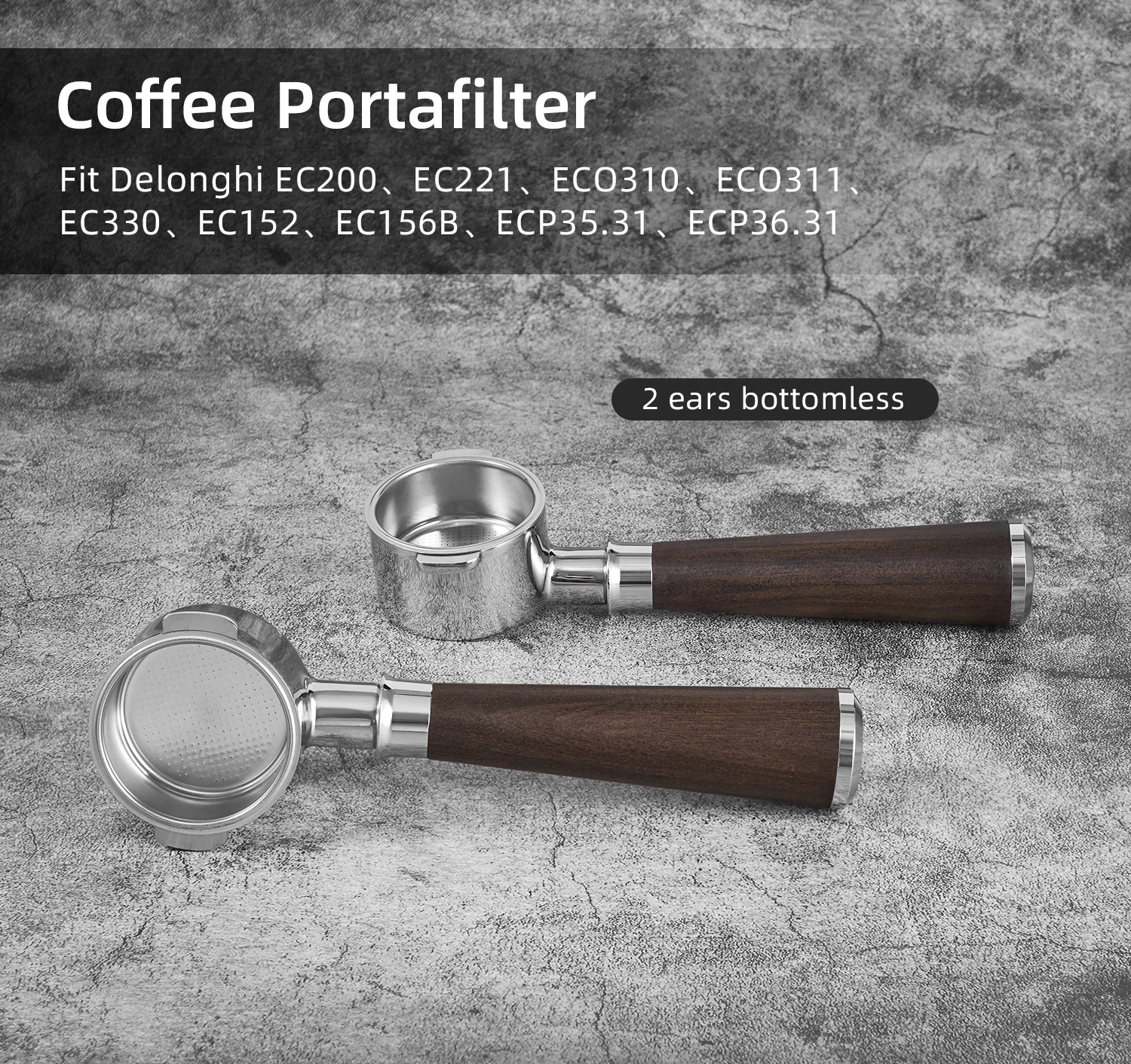 51 mm Two-Lug Bottomless Portafilter for DeLonghi shown with its portafilter head