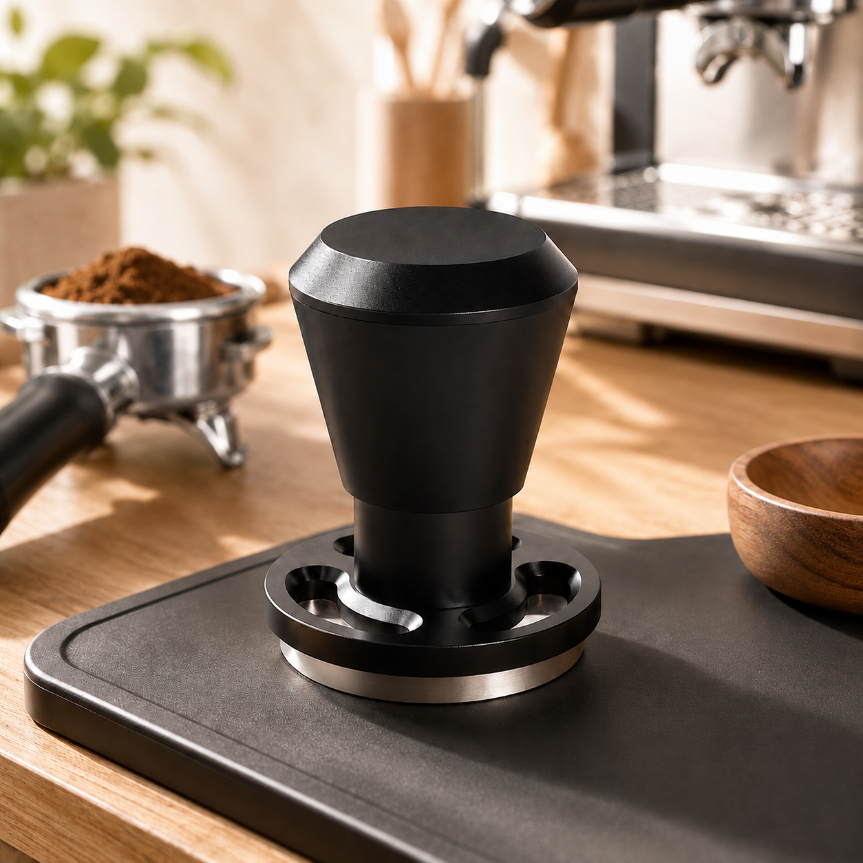 Dark impact espresso tamper with open self-leveling collar