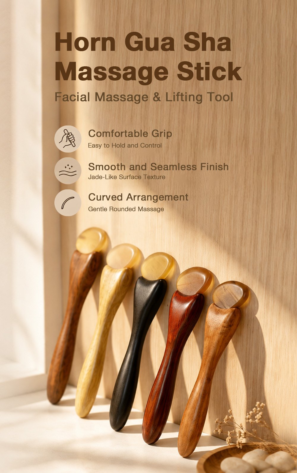 Horn gua sha massage stick: comfort grip, seamless finish, rounded massage