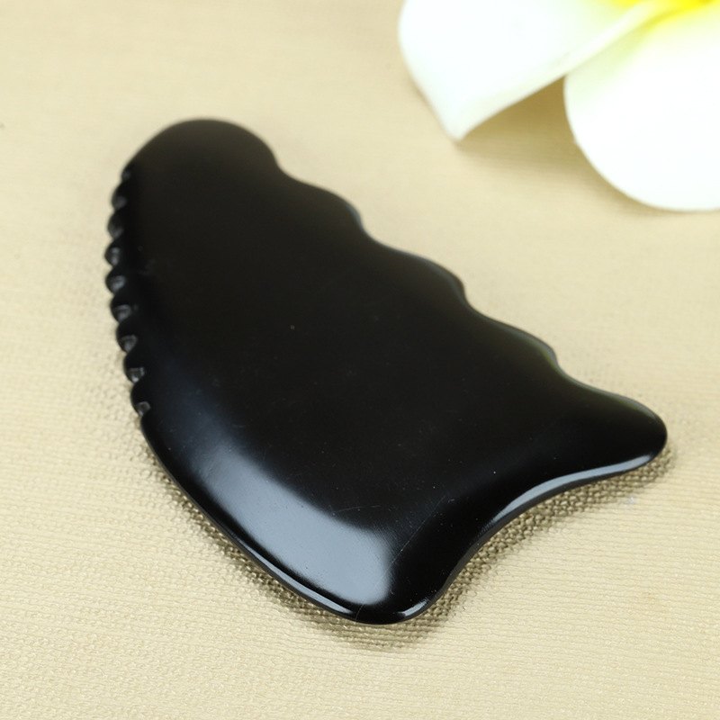 Black Bian Stone Gua Sha Board with Comb Edge Wavy Shape detail 3
