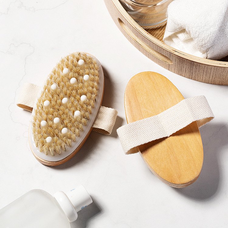 Natural wood bath shower scrubber, bristle face and wooden back