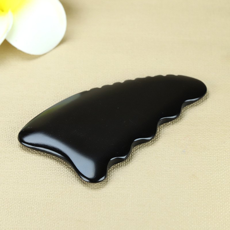 Black Bian Stone Gua Sha Board with Comb Edge Wavy Shape detail 2